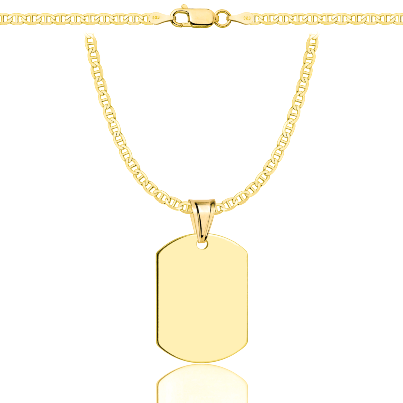 a gold chain with a dog tag