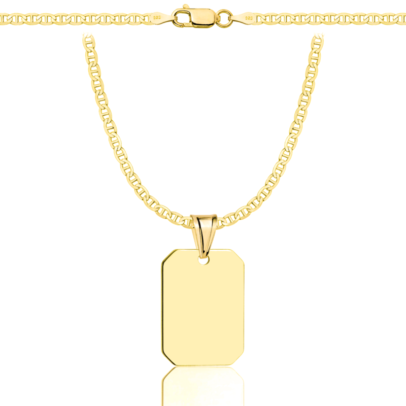 a gold chain with a tag on it