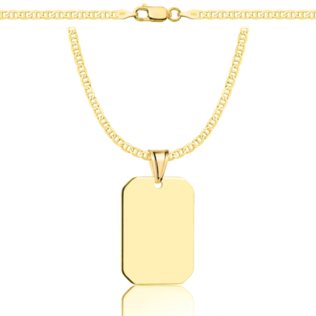 a gold chain with a tag on it