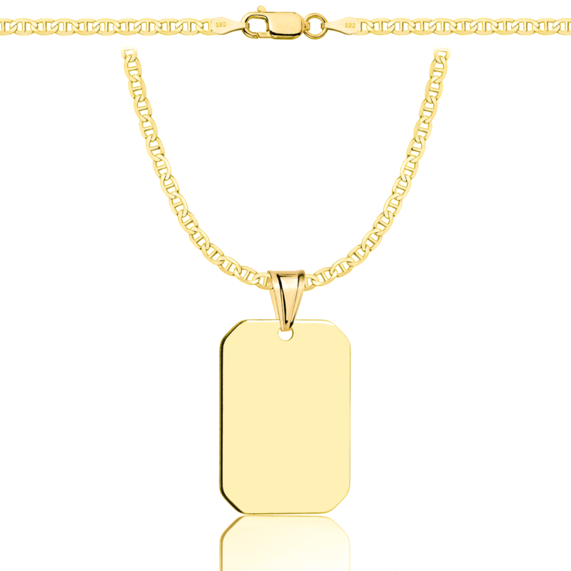 a gold chain with a tag on it