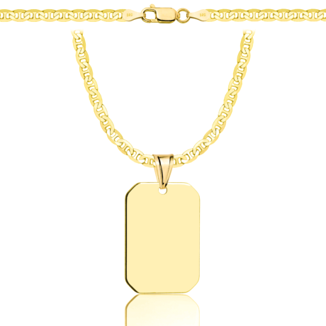 a gold chain with a tag on it