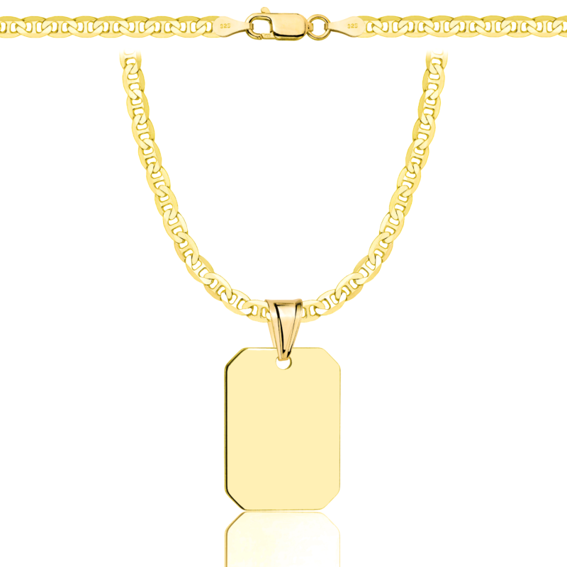 a gold chain with a tag on it