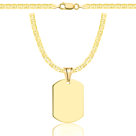 a gold chain with a tag