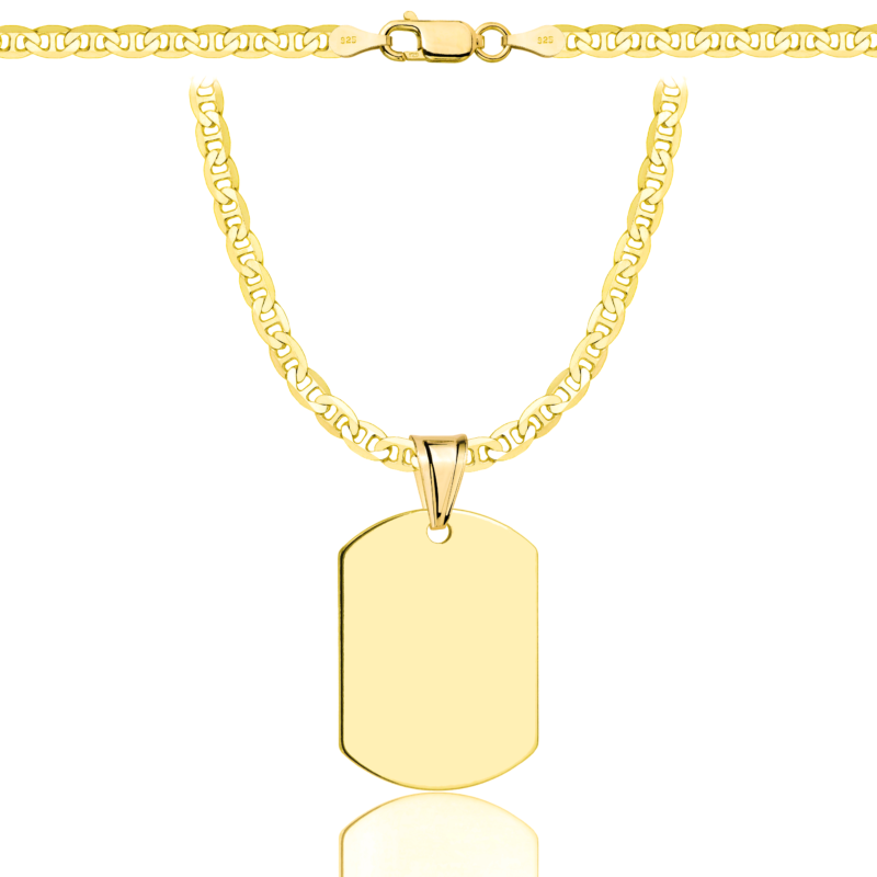 a gold chain with a tag