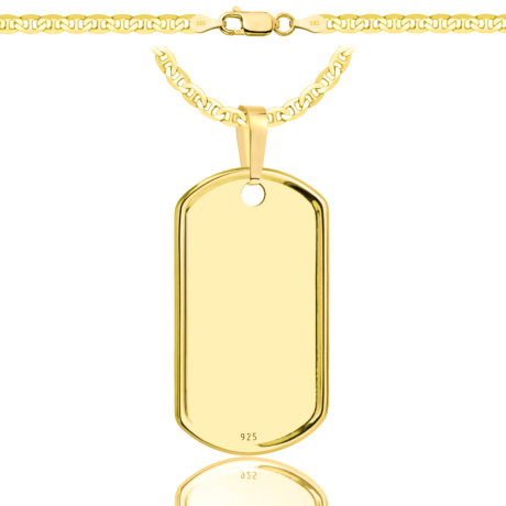 a gold chain and a dog tag