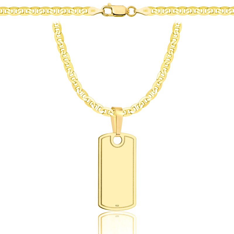 a gold chain with a tag