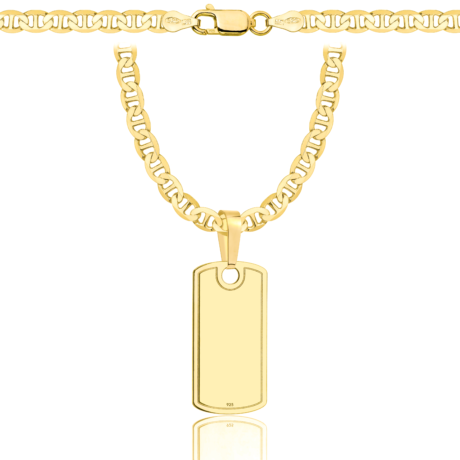 a gold chain with a tag