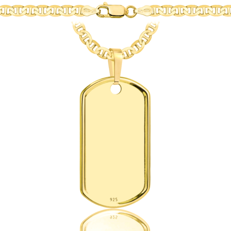 a gold chain with a dog tag