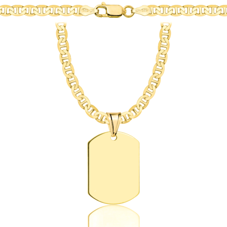 a gold chain with a tag