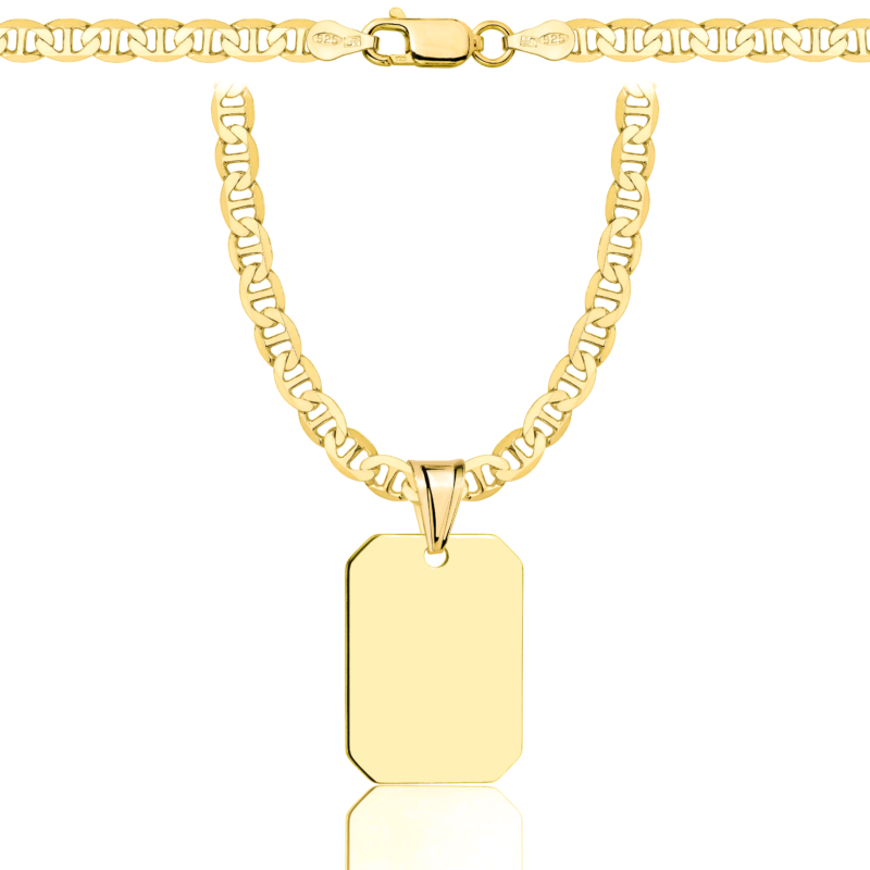 a gold chain with a tag