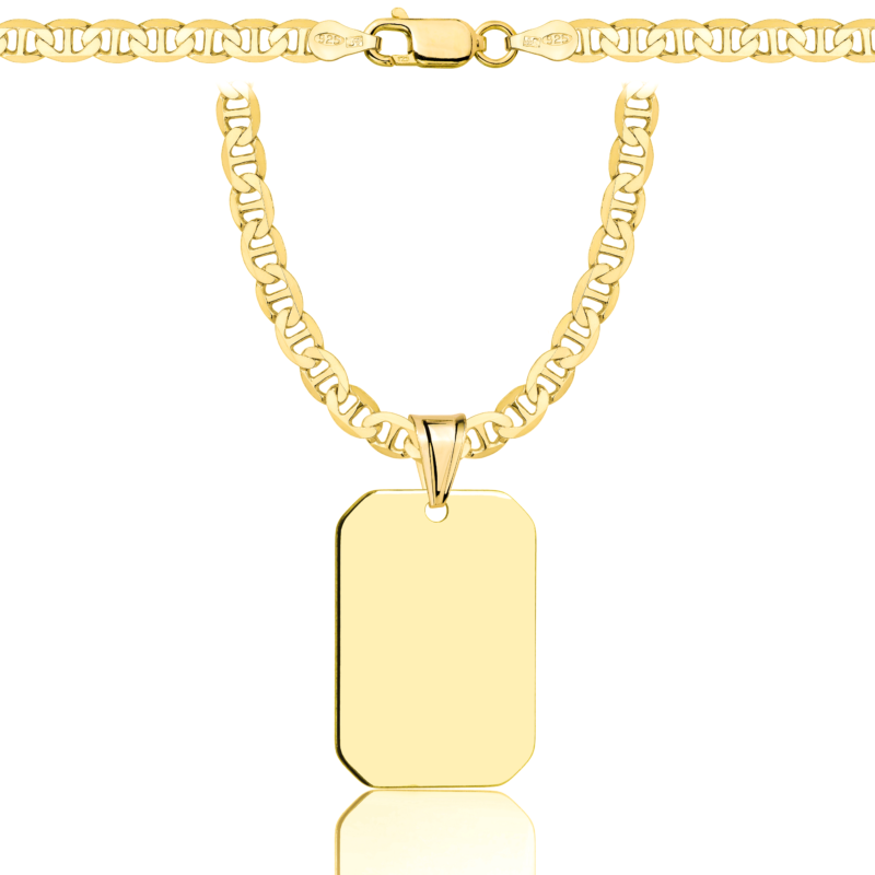 a gold chain with a tag